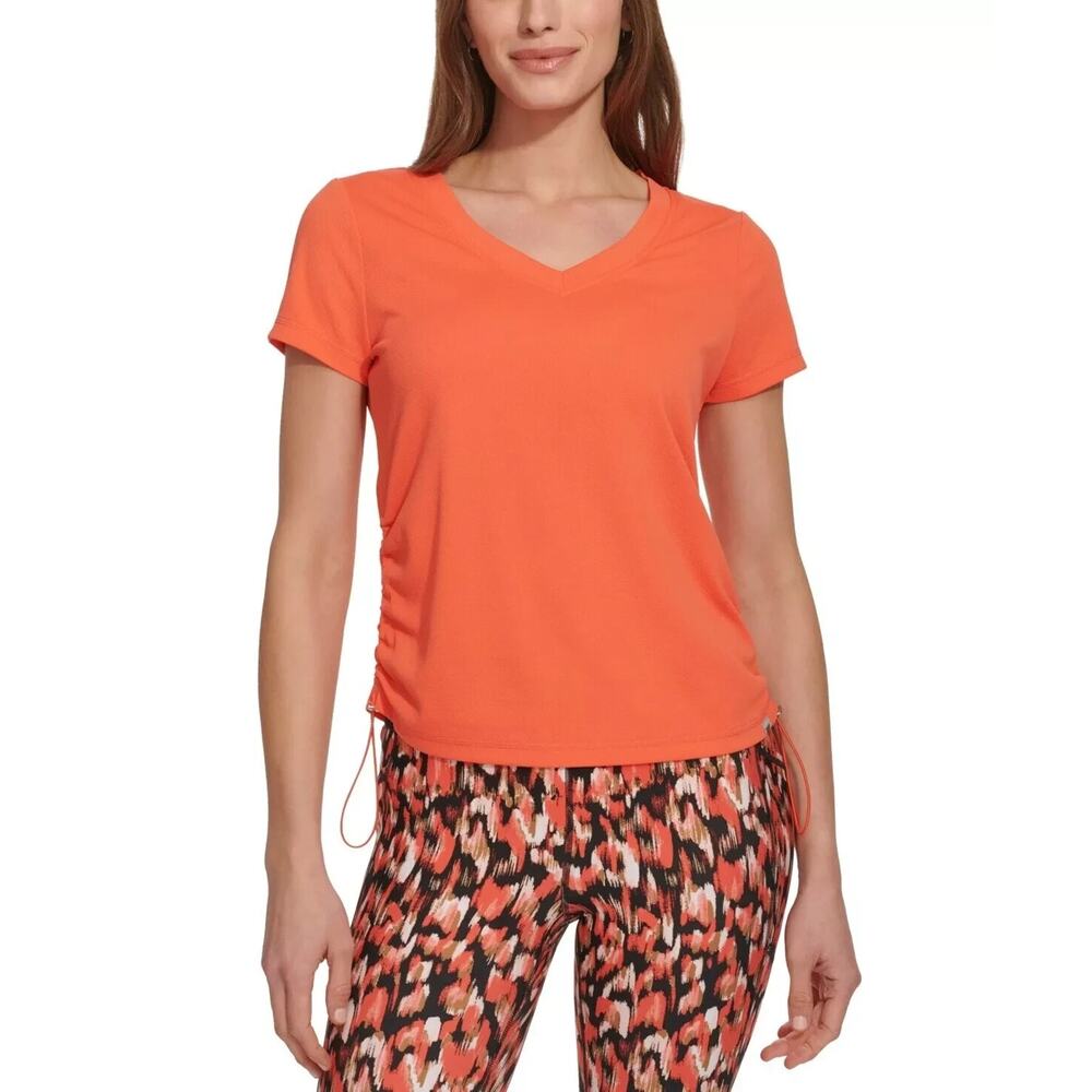 Dkny Sport Women's Solid V-Neck Short-Sleeve Tech Top Shirt, Hot Coral, XS New